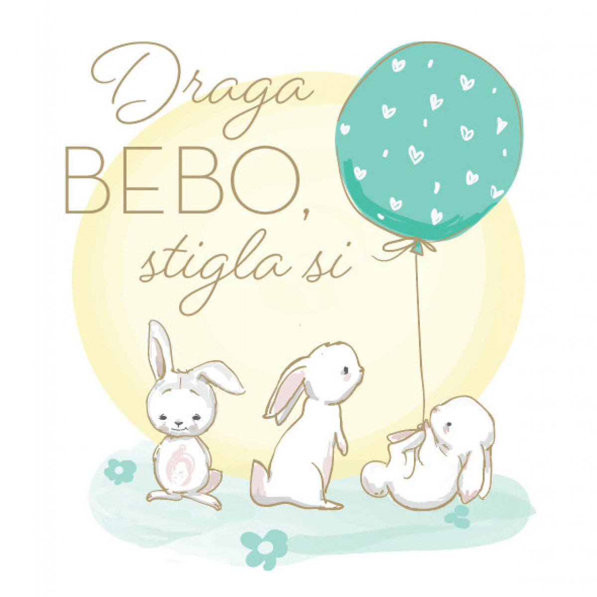 ČESTITKA - Draga bebo, stigla si – 3 zeke sa zelenim balonom